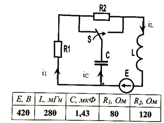 Задана схема электрической цепи постоянного тока, в которой производится переключение. <br />Выполнить:<br /> провести расчет переходных процессов, построить графики переходных процессов