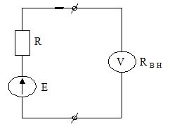Для измерения ЭДС Е источника в цепи (рис). Использован вольтметр с верхним пределом измерения 3В и внутренним сопротивлением  R<sub>вн</sub> = 100 Ом, определить относительную методическую погрешность измерения ЭДС.