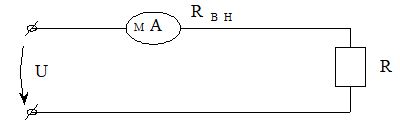 В цепь (рис.) для измерения тока I включен микроамперметр класса точности 0,005 имеющий верхний предел измерения I<sub>H</sub>=1 мА и внутреннее сопротивление R<sub>вн</sub>=7300 Ом. Известно, что U=15 мВ и R = 10 кОм . 	<br />Определить: 	<br />а) относительную методическую погрешность измерения тока микроамперметром. 	<br />б) наибольшую относительную погрешность результатов измерения тока.