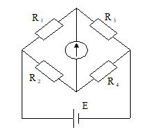 В качестве плеч моста на рисунке используют резисторы R<sub>2</sub>=3 кОм  2,5% и R<sub>4</sub>=1 кОм  2,5%. Определить сопротивление R<sub>x</sub> и погрешность его измерения, если равновесие моста наступает при сопротивлении магазина R<sub>3</sub> = 410 Ом.