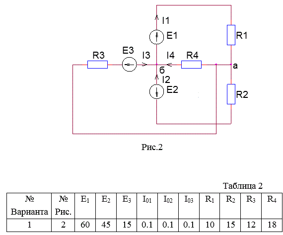 Для электрической схемы, представленной на рис.2 рассчитать токи в ветвях. Данные для своего варианта представлены в таблице 2. Метод расчета: <br />1. Узловые и контурные уравнения. <br />2. Узловые напряжения.<br /> Вариант 1