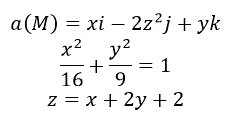 Вычислить циркуляцию векторного поля a(M) = xi - 2z<sup>2</sup>j + yk  вдоль линии Г пересечения цилиндра  x<sup>2</sup>/16 + y<sup>2</sup>/9 = 1 с плоскостью z = x + 2y + 2 в положительном направлении обхода относительно нормального вектора плоскости  n= (-1, - 2,1)