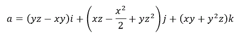 Проверить, является ли потенциальным поле a = (yz - xy)i + (xz - x<sup>2</sup>/2 + yz<sup>2</sup>)j + (xy + y<sup>2</sup>z)k, найти его потенциал и вычислить соответствующий криволинейный интеграл второго рода по линии, соединяющей точки A(1,1,1) и B(2,-2,3)
