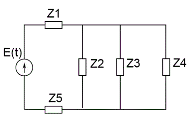 Методом комплексных амплитуд найти токи во всех ветвях цепи и падение напряжения на индуктивном или емкостном элементе по выбору. <br />Построить графики найденных токов и напряжений (строить в маткад'е).  <br />Построить две векторные диаграммы:  <br />а) векторная диаграмма для токов для одного узла по выбору.  <br />б) векторная диаграмма напряжений для внешнего контура цепи.  <br />в) рассчитать баланс мощностей для цепи   <br /><b>Вариант 20 </b><br />Дано: <br />Em = 288 В <br />φ = 60° <br />f = 75 Гц <br />R1 = 5 Ом, R2 = 10 Ом, R3 = 15 Ом <br />L1 = 30 мГн, L2 = 20 мГн <br />С1 = 50 мкФ, С2 = 40 мкФ <br />Z1 = L1C1, Z2 =R2L2, Z3 = R1, Z4 = C2R3, Z5 = 0