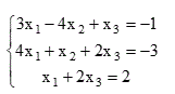Проверить совместность системы уравнений и в случае совместности решить ее: а) по формулам Крамера; б) с помощью обратной матрицы (матричным методом); в) методом Гаусса. <br /> 3x<sub>1</sub> - 4x<sub>2</sub> + x3<sub></sub> = - 1 <br /> 4x<sub>1</sub> + x<sub>2</sub> + 2x<sub>3</sub> = -3 <br /> x<sub>1</sub> + 2x<sub>3</sub> = 2