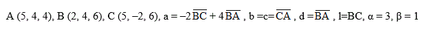 По координатам точек А, В и С для указанных векторов найти: а) модуль вектора а; б) скалярное произведение векторов а и b; в) проекцию вектора c на вектор d; г) координаты точки М, делящей отрезок l в отношении  α : β <br />  A(5, 4, 4), B(2, 4, 6), C(5, –2, 6)  a = –2BC + 4BA , b =c= CA, d =BA , l=BC, α = 3, β = 1