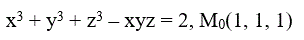 Вычислить значения частных производных функции z(x, y) заданной неявно, в данной точке M<sub>0</sub>(x<sub>0</sub>, y<sub>0</sub>, z<sub>0</sub>) с точностью до двух знаков после запятой. <br />  x<sup>3</sup> + y<sup>3</sup> + z<sup>3</sup> – xyz = 2, M<sub>0</sub>(1, 1, 1)