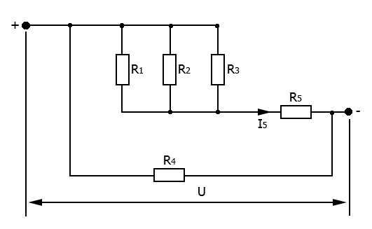 Задана схема цепи и значения сопротивлений резисторов. <br /> R<sub>1</sub> = 1 Ом, R<sub>2</sub> = 2 Ом, R<sub>3</sub> = 3 Ом, R<sub>4</sub> = 4 Ом, R<sub>5</sub> = 5 Ом <br /> 1.	Определить полное сопротивление электрической цепи <br /> 2.	Определить токи и напряжения на участках цепи, если задано напряжение, приложенное к цепи U = 10 В <br /> 3.	Определить токи и напряжения на участках цепи, если дополнительно задан ток I5. Значение тока I5 взять из расчета второго задания <br />4.	Задание выполнено верно, если значения токов и напряжений, рассчитанные во втором и третьем задании, будут одинаковы.