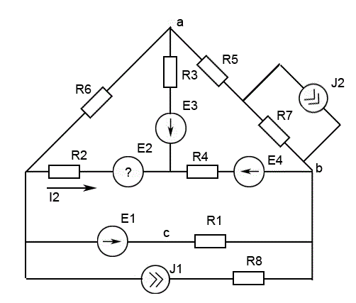 Для сложной цепи постоянного тока требуется:<br /> 1.	Определить неизвестные токи и ЭДС во всех ветвях методом контурных токов и методом узловых потенциалов. <br />2.	Составить необходимое число уравнений по законам Кирхгофа,  проверив их выполнение по результатам расчета из п.1 <br />3.	Составить баланс мощностей. <br />4.	Определить напряжения Uab и Ubc <br />5.	Методом эквивалентного генератора определить ток I1 для ветви, содержащей R1. Определить величину ЭДС, дополнительное включение которой в данную ветвь приведет к изменению направления тока I1. <br />6.	По результатам расчета п. 5 определить значение сопротивления в первой ветви, при котором в нем выделялась бы максимальная мощность Pmax. Определить величину Pmax <br />7.	Определить линейную зависимость тока I3 в третьей ветви от напряжения U1 первой ветви при изменении сопротивления R1 и неизменных остальных параметрах цепи. Построить зависимость I3=f(U1). Из графика определить значения тока I3 при R1=0 <br />8.	Определить входную проводимость первой ветви и взаимную проводимость между первой и второй ветвями. <br />9.	Построить потенциальную диаграмму для внешнего контура.<br /> Вариант 18 группа 4