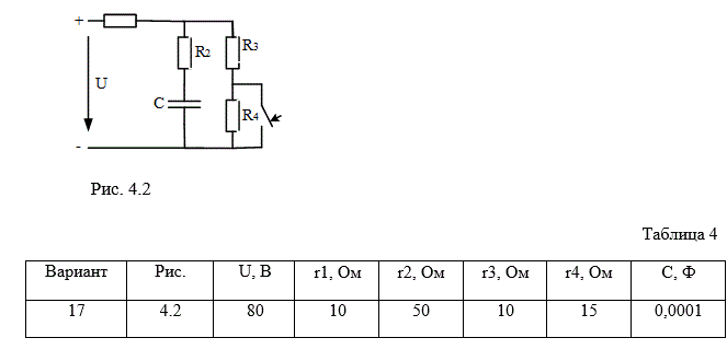 <b>Расчет переходных процессов в цепях постоянного тока с одним накопителем энергии</b><br /> Для схемы электрической цепи, изображенной на рисунке 4, по заданным в таблице 4 параметрам рассчитать токи i(t) и напряжения u(t) всех ветвей электрической цепи в переходном процессе после замыкания (либо размыкания) ключа. Проверить правильность расчетов с помощью законов Кирхгофа. Расчет выполнить классическим и операторным методами. Построить графики изменения тока и напряжения  На входе цепи действует источник постоянного напряжения U.<br /> Вариант 17