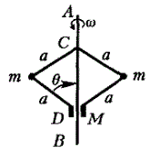 Механическая система, изображенная на рисунке, вращается с постоянной угловой скоростью ω вокруг оси АВ. Тело массы М может двигаться вдоль вертикальной оси АВ. Определить положение равновесия этой системы (массами стержней пренебречь)