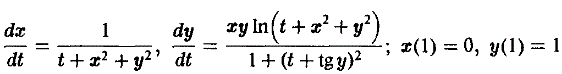 Найти в виде степенного ряда решение, удовлетворяющее данным начальным условиям. Вычислить несколько первых коэффициентов ряда <br /> dx/dt = 1/(t + x<sup>2</sup> + y<sup>2</sup>), dy/dt = xyln(t + x<sup>2</sup> + y<sup>2</sup>)/(1 + (t + tg(y))<sup>2</sup>), x(1) = 0, y(1) = 1