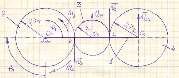 Применение уравнений Лагранжа II рода к исследованию движения механической системы с двумя степенями свободы  <br /> Механическая система тел 1-4 движется под воздействием пары сил с моментами М<sub>1</sub> и М<sub>2</sub>. Найти уравнения движения системы в обобщенных координатах φ<sub>1</sub> и φ<sub>2</sub> при заданных начальных условиях. <br /> Качение колес происходит без проскальзывания. Трение качения и силы сопротивления в подшипниках не учитывать. Колеса – сплошные однородные диски. Водила – тонкие однородные стержни. Механизм расположен в горизонтальной плоскости. <br /> Дано: m<sub>1</sub> = 2m, m<sub>2</sub> = 3m, m<sub>3</sub> = m, m<sub>4</sub> = 3m, моменты М<sub>1</sub> и М<sub>2</sub>, обобщенные координаты φ<sub>1</sub> и φ<sub>2 </sub>, начальные условия: φ<sub>10</sub> = φ<sub>20</sub> = φ10 ̇  = φ<sub>20</sub> ̇ = 0 .