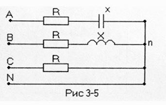 По заданным в табл. 3 исходным данным для трехфазной электрической цепи выполнить следующее: <br />1.	Определить действующие значения фазных и линейных токов, тока в нейтральном проводе (для четырехпроводной схемы) <br />2.	Определить численные значения и знаки углов сдвига фаз токов и напряжений <br />3.	Записать мгновенные значения токов и напряжений <br />4.	Определить активную мощность всей цепи и каждой фазы отдельно <br />5.	Построить совмещенную векторную диаграмму напряжений и токов.<br /> Дано:<br /> Uл = 380 В <br />f = 50 Гц <br />R = 20 Ом <br />X = 53 Ом