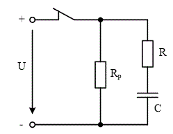 При размыкании или размыкании выключателя цепь, содержащая катушку индуктивности или конденсатор, подключается к источнику постоянного напряжения или отключается от него.    <br />R = 50 Ом; Rр = 50 Ом; U = 25 В; С = 300 мкФ   <br />Определить практическую длительность переходного процесса, ток в цепи и энергию электрического или магнитного поля при t = 3∙τ. Построить графики uC=f(t) и i = f(t). 