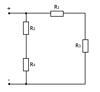 Дано: R<sub>1</sub> = 5 Oм, R<sub>2</sub>  = 25 Ом, R<sub>3</sub> = 5 Ом, R<sub>4</sub> = 15 Ом, I<sub>2</sub>  = 2 А  <br /> Цепь постоянного тока содержит несколько резисторов соединённых смешанно. Известны сопротивления всех резисторов и ток протекающий через 2-ой  резистор. <br /> Определить: эквивалентное сопротивление цепи R экв; общий ток I; напряжение, приложенное ко всей цепи U; полную мощность цепи P.