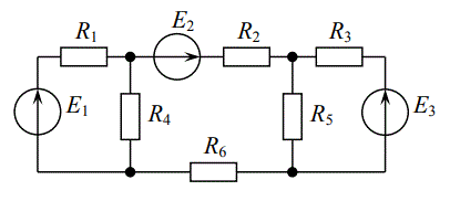 Для заданной электрической цепи (рис. 1–3), в которой R5 = 75 Ом, R6 = 100 Ом, а остальные параметры указаны в таблице, требуется рассчитать ток через сопротивление R6 методом наложения. <br />Вариант 13   <br />Дано: Схема 1. <br />E1 = 5 В, E2 = 10 В, E3 = 12 В, R1 = 20 Ом, R2 = 130 Ом, R3 = 200 Ом, R4 = 240 Ом