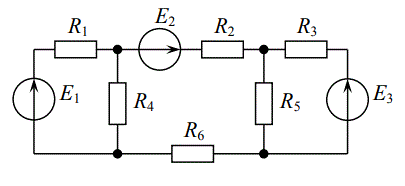 Для заданной электрической цепи (рис. 1–3), в которой R5 = 75 Ом, R6 = 100 Ом, а остальные параметры указаны в таблице, требуется рассчитать ток через сопротивление R6 методом наложения. <br />Вариант 19   <br />Дано: Схема 1. <br />E1 = 12 В, E2 = 10 В, E3 = 9 В, R1 = 20 Ом, R2 = 100 Ом, R3 = 200 Ом, R4 = 150 Ом
