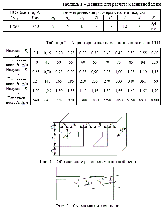 Расчетно-графическое задание №2 «Расчет магнитных цепей» <br />Рассчитать магнитную цепь:<br /> - составить уравнения по методу двух узлов для определения магнитных потоков во всех ветвях магнитной цепи; <br />- определить магнитные потоки и значение индукции графическим методом; <br />- произвести проверку полученных результатов, пользуясь ранее составленными уравнениями. <br />Исходные данные приведены в табл. 1, 2.<br /> Вариант 6