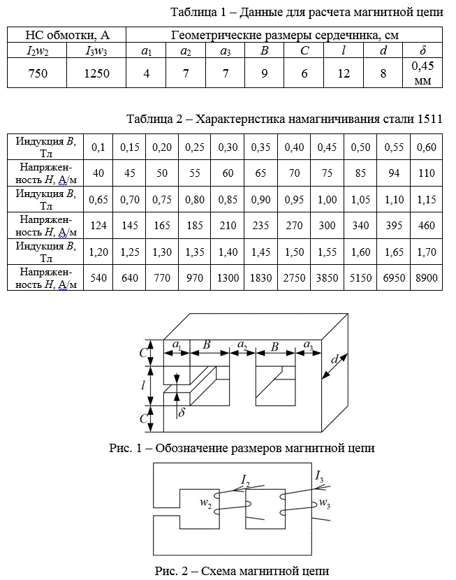 Расчетно-графическое задание №2 «Расчет магнитных цепей» <br />Рассчитать магнитную цепь:<br /> - составить уравнения по методу двух узлов для определения магнитных потоков во всех ветвях магнитной цепи; <br />- определить магнитные потоки и значение индукции графическим методом; <br />- произвести проверку полученных результатов, пользуясь ранее составленными уравнениями. <br />Исходные данные приведены в табл. 1, 2.<br /> Вариант 8