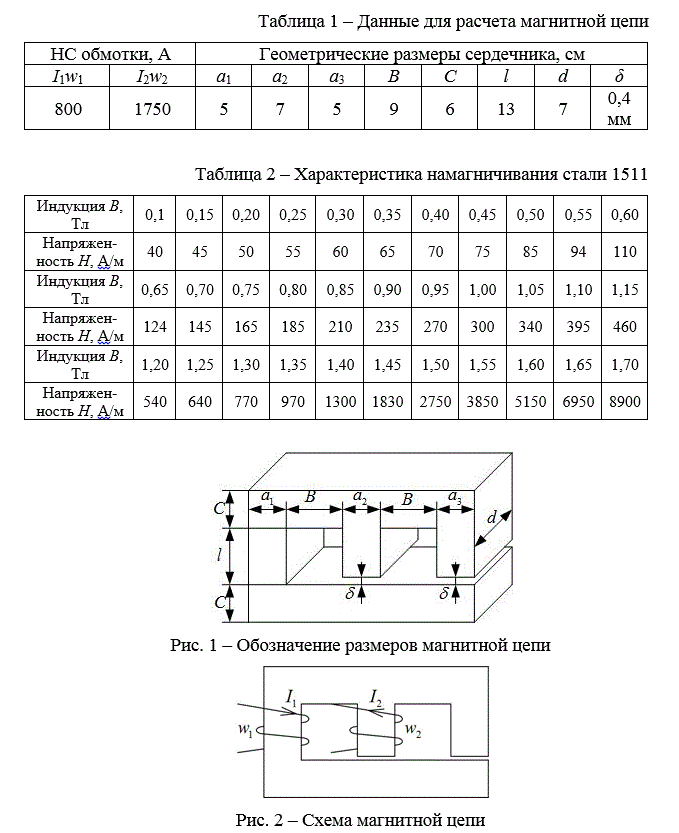 Расчетно-графическое задание №2 «Расчет магнитных цепей» <br />Рассчитать магнитную цепь:<br /> - составить уравнения по методу двух узлов для определения магнитных потоков во всех ветвях магнитной цепи; <br />- определить магнитные потоки и значение индукции графическим методом; <br />- произвести проверку полученных результатов, пользуясь ранее составленными уравнениями. <br />Исходные данные приведены в табл. 1, 2.<br /> Вариант 12