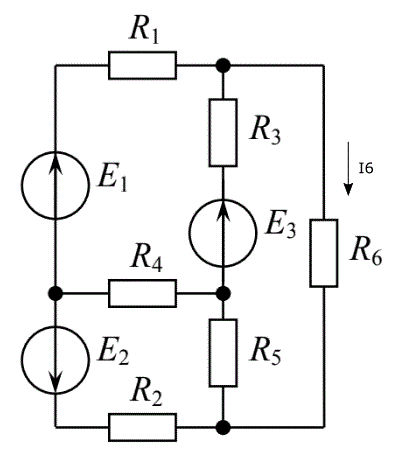 Для заданной электрической цепи (рис. 1–3), в которой R5 = 75 Ом, R6 = 100 Ом, а остальные параметры указаны в таблице, требуется рассчитать ток через сопротивление R6 методом наложения. <br />Вариант 8 <br />Дано: Схема 2. <br />E1 = 8 В, E2 = 16 В, E3 = 5 В, R1 = 91 Ом, R2 = 180 Ом, R3 = 100 Ом, R4 = 120 Ом