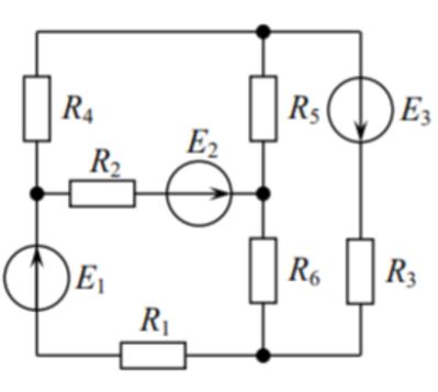 Для заданной электрической цепи (рис. 1–3), в которой R5 = 75 Ом, R6 = 100 Ом, а остальные параметры указаны в таблице, требуется рассчитать ток через сопротивление R6 методом наложения.<br />Вариант 6<br />Дано: Схема 3 <br />E1 = 1 В, E2 = 9 В, E3 = 4 В, R1 = 51 Ом, R2 = 160 Ом, R3 = 75 Ом, R4 = 75 Ом