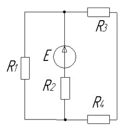 Цепь постоянного тока с одним источником ЭДС представлена на рис. 1.1. Параметры резистивных элементов, величина ЭДС Е и вариант схемы указаны. Требуется определить токи во всех резистивных элементах и проверить полученные результаты с помощью первого или второго законов Кирхгофа. <br />Вариант 111<br />Схема А;     Е = 6 В;     R1 = R2 = 2  Ом,    R3 = R4 = 1  Ом