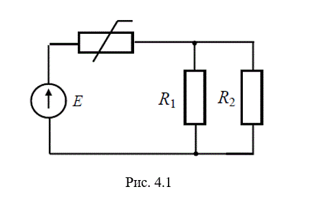 Дано: <br /> Схема № 5 <br /> E = 12 B, R<sub>1</sub> = 16 Ом, R<sub>2</sub> = 24 Ом, α = 3 см, β = 0,3 см·В<sup>-1</sup> <br /> На рис. 4.1 показаны схемы электрических цепей постоянного тока с одним нелинейным элементом. Вольтамперные характеристики (ВАХ) нелинейных элементов цепей при положительных значениях ток (I ≥ 0) и напряжения (U ≥ 0) заданы аналитически двумя способами: либо I=αU+βU2, либо U=aI+bI<sup>2</sup>. Значения коэффициентов α и β или a и b, а также параметра линейных сопротивлений и источников энергии приведены в таблице №6. <br /> Требуется: <br />1.	Рассчитать токи во всех ветвях схемы. <br /> 2.	Определить напряжение на нелинейном элементе.  