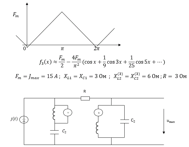 <b>Расчет цепей несинусоидального тока.</b><br /> На входе цепи задано периодический несинусоидальный ток и соответственно ряд Фурье. 	<br />1. Для заданной несинусоидальной функции записать ряд Фурье учитывая что f(x)=J(ωt). 	<br />2. Определить показания электродинамических приборов амперметра и вольтметра, включенных в схему. 	<br />3. Построить кривую выходного напряжения и определить его действующее значение.<br /> Вариант 3