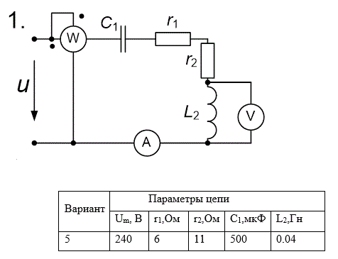 <b>Расчет неразветвленной линейной цепи переменного тока </b><br /> Напряжение на зажимах цепи, вариант которой соответствует последней цифре учебного шифра студента и изображенной на рис. 3, изменяется по закону u=Umsinωt. Амплитудное значение напряжения Um, значения активных сопротивлений r1 и r2, индуктивностей катушек L1 и L2, емкостей конденсаторов С1 и С2 приведены в табл. 3. Частота питающего напряжения f=50 Гц. <br />Необходимо: <br />1.	Определить показания приборов, указанных на схеме рис. 3. <br />2.	Построить векторную диаграмму токов и напряжений. <br />3.	Определить закон изменения тока в цепи. <br />4.	Определить закон изменения напряжения между точками, к которым подключен вольтметр. <br />5.	Определить активную, реактивную и полную мощности источника, активную, реактивную и полную мощности приемников. Составить и оценить баланс мощностей. Рассчитать коэффициент мощности. <br />6.	Определить характер (индуктивность, емкость) и параметры элемента, который должен быть включен в электрическую цепь для того, чтобы в ней имел место резонанс напряжений. <br />Вариант 51