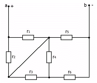 Заданы все сопротивления и напряжения Uab.  <br />Требуется: <br />1.	Найти общее сопротивление схемы относительно зажимов a-b <br />2.	Определить токи во всех ветвях. <br />Вариант 4 <br />Дано: Uab = 100 В, r1 = 20 Ом, r2 = 15 Ом, r3 = 20 Ом, r4 = 30 Ом, r5 = 15 Ом, r6 = 10 Ом