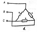 В трехфазную сеть с симметричным линейным напряжением U включены сопротивления. Согласно заданному варианту определить токи во всех проводах цепи, активную, реактивную и полную мощности нагрузок, построить векторную диаграмму.  <br />Вариант 4 <br />Дано: Uл = 173 В, XRAB= 50 Ом, RBC = 90 Ом, XLCA= 50 Ом 