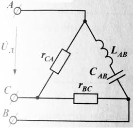 В задаче для заданной схемы и параметров несимметричной трехфазной цепи, соединенной треугольником, требуется:<br /> •	Определить все токи, напряжения и мощности на всех элементах цепи; <br />•	Составить баланс активных и реактивных мощностей <br />•	Построить в одних осях векторную диаграмма токов и напряжений. <br />Вариант 07   <br />Дано: Uл = 660 В, f = 50 Гц, Rbc = 22 Ом, Rca = 17 Ом, Lab = 11 мГн, Cab = 90 мкФ