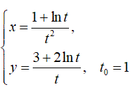 Составить уравнения касательной и нормали к кривой в точке, соответствующей значению параметра t=t<sub>0</sub> <br /> x = (1 + ln(t))/t<sup>2</sup> <br /> y = (3 + 2ln(t))/t, t<sub>0</sub> = 1