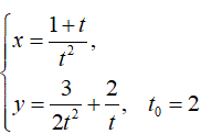 Составить уравнения касательной и нормали к кривой в точке, соответствующей значению параметра t=t<sub>0</sub> <br /> x = (1+ t)/t<sup>2</sup> <br /> y = 3/(2t<sup>2</sup>) + (2/t), t<sub>0</sub> = 2