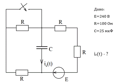 Расчет переходных процессов в цепи RC операторным методом Определить ток в ветви с ёмкостью операторным методом и построить график.  <br />Дано: E=240 В R=100 Ом С=25 мкФ   <br />iс(t) - ?