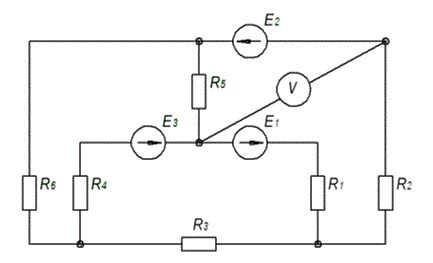 1 Определить токи в ветвях с помощью уравнений, составленных по законам Кирхгофа. 	<br />2 Определить токи в ветвях методом контурных токов. 	<br />3 Определить токи в ветвях методом узловых потенциалов 	<br />4 Определить токи в ветвях методом наложения 	<br />5 Составить уравнение баланса мощностей 	<br />6 Определить показания вольтметра 	<br />7 Определить ток I1 в ветви с резистором R1 по методу эквивалентного генератора. 	<br />Исходные данные: R1=39 Ом, R2=43 Ом, R3=34 Ом, R4=91 Ом, R5=26 Ом, R6=79 Ом, Е1=23 В, Е2=44 В, Е3=10 В.