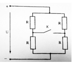 Определить эквивалентное сопротивление цепи относительно входных зажимов при разомкнутом рубильнике К.  <br />Указать правильный ответ: <br />1. 4R; <br />2. R/4; <br />3. R/2; <br />4. 2R; <br />5. R.