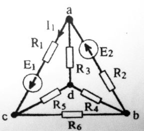 1)	Составить на основании законов Кирхгофа систему уравнений для расчета токов во всех ветвях <br />2)	Определить токи в ветвях методом контурных токов. <br />3)	Проверить правильность расчетов, подставив найденные в п.2 токи в уравнения п.1. <br />4)	Составить баланс мощностей. <br />5)	Построить потенциальную диаграмму для любого замкнутого контура, включающего в себя обе ЭДС.<br />Дано: R1 = 55 Ом, R2 = 30 Ом, R3 = 22.5 Ом, R4 = 75 Ом, R5 = 40 Ом, R6 = 25 Ом, E1 = 12.5 В, E2 = 7 В