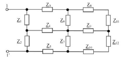 Используя эквивалентные преобразования участков цепей, определить комплексное входное сопротивление цепи относительно зажимов 1-1   <br />Вариант 5 <br />f = 150 кГц <br />Z1 = Z2 = R = 5 кОм <br />Z3 = R = 10 кОм <br />Z4 = R = 4 кОм <br />Z5 = Z6 = R = 10 кОм <br />Z7 = Z8 = L = 10 мГн <br />Z9 = Z10 = R = 100 Ом <br />Z11 = Z12 = 10 нФ
