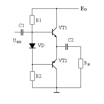  N1– 4; N2 – 8.  	<br />Выбрать транзисторы, напряжение питания и рассчитать основные параметры выходного каскада, обеспечивающего выходную мощность Р<sub>н</sub> = 4 Вт на нагрузке R<sub>н</sub> = 32 Ом, работающего в диапазоне частот 100 – 20000 Гц при коэффициенте частотных искажений  М = 3 дБ. Построить зависимости отдаваемой P<sub>m</sub> и потребляемой P<sub>o</sub> мощности каскада от уровня входного сигнала.  	<br />Схема усилителя мощности приведена на рисунке 	<br />