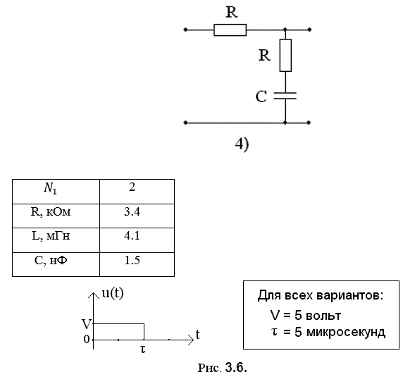 Задание 3  представляет собой исследование прохождения сигнала через четырёхполюсник с применением частотных и временных методов анализа, и заключается в следующем: <br />3.1. Определить следующие характеристики цепи: 	<br />- комплексную передаточную функцию по напряжению Н(j ω) (построить графики её АЧХ H(ω) и ФЧХ ϴ(ω); по эквивалентным схемам цепи для ω = 0 и ω = ∞ определить значения H(0) и H(∞) и по этим значениями проверить правильность расчёта АЧХ; 	<br />- операторную передаточную функцию по напряжению H(p); 	<br />- переходную характеристику g(t), построить график; 	<br />- импульсную характеристику h(t), построить график. <br />3.2. Определить Sвх(j ω) - комплексную спектральную плотность сигнала, представленного на рисунке 3.6; рассчитать и построить график амплитудного спектра Sвх(ω). <br />3.3 Определить Sвых(jω) - комплексную спектральную плотность сигнала на выходе цепи; рассчитать и построить график амплитудного спектра Sвых(ω). <br />3.4 Определить функцию мгновенного напряжения на выходе цепи u<sub>вых</sub> (t); построить график.<br /> Вариант 24
