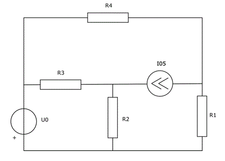 1. Использование принципа наложения для расчета линейной резистивной цепи с двумя независимыми источниками <br />2. Расчет линейной резистивной цепи с двумя независимыми источниками методом узловых напряжений <br />Вариант Б<br />Параметры элементов цепи (M=N=1):<br />  R1 = (M+N)=2 Ом <br />R2 = 2(M+N)=4 Ом <br />R3 = 3(M+N)=6 Ом <br />R4 = 4(M+N) = 8 Ом<br /> I<sub>05</sub> = 0.5N=0.5 А<br /> U<sub>0</sub> = N(M+N)=2 В