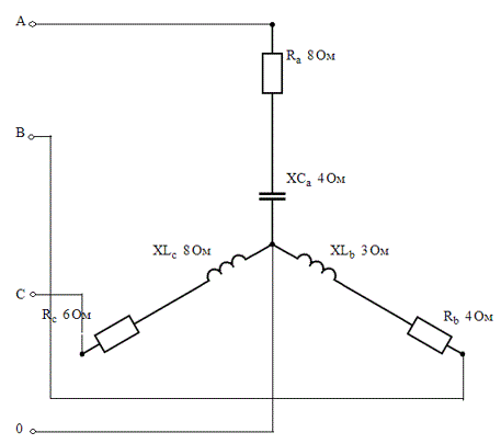 Для электрической цепи, схема которой изображена на рисунках 2.1-2.12, по заданным в таблице параметрам, определить фазные и линейные токи, ток в нейтральном проводе (для четырехпроводной схемы), активную мощность всей цепи каждой фазы отдельно