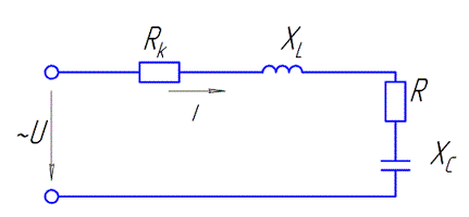 Активное сопротивление катушки RK = 4 Ом, индуктивное XL = 12 Ом. Последовательно с катушкой включен резистор с активным сопротивлением R = 12 Ом и конденсатор с сопротивлением XС = 4 Ом. К цепи приложено напряжение U = 100 В (рис. 11.). <br />Определить: <br />1.	Полное сопротивление цепи; <br />2.	Силу тока; <br />3.	Коэффициент мощности; <br />4.	Активную, реактивную и полную мощности;  <br />5.	Напряжение на каждом сопротивлении. <br />Начертить в масштабе векторную диаграмму цепи.