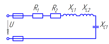 В неразветвленной цепи переменного тока R1=20м, R2=4 Oм, XL1=4 Ом, XL2=6 Ом, XC1=2 Ом. <br />Подведенное напряжение U=40 В <br />Определить: полное сопротивление Z, ток I, коэффициент мощности cosφ, полную мощность S, активную мощность P, реактивную мощность Q.  Построить в масштабе векторную диаграмму.