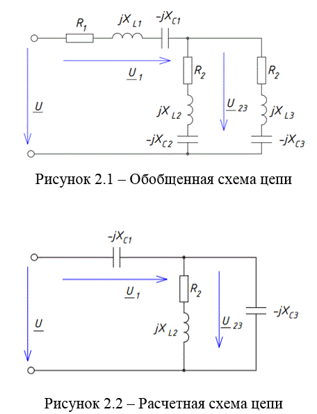 <b>Анализ и расчет однофазной цепи переменного тока (Вариант 25)</b><br />Параметры элементов цепи: U = 220 B, XC1 = 10 Oм, R2 = 10 Ом, XL2 = 30 Ом, XC3 = 15 Ом.<br />1. Выписать значения параметров элементов однофазной цепи переменного тока.<br />2. Пользуясь обобщенной схемой цепи (рисунок 2.1), вычертить в соответствии с ГОСТ расчетную схему цепи с обозначением условно положительных направлений напряжений и токов ветвей.<br />3. Рассчитать однофазную цепь переменного тока методом преобразования (свертывания) схемы <br />4. Провести расчёт цепи и проверить условие баланса активных и реактивных мощностей. Допустимые расхождения в балансах мощностей - не более 3-4 %.<br />5. По результатам расчёта построить в комплексной плоскости векторную диаграмму напряжений и токов ветвей исходной схемы цепи<br />6. Провести проверку правильности расчёта посредством сравнения полученных данных с данными, рассчитанными по программе TINA 9