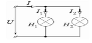 В цепи постоянного тока напряжением U (рис.) непрерывно в течение одних суток горят лампы H1 и H2 мощностью Р1 и Р2 соответственно. Определить токи ламп, общий ток в цепи, сопротивление нитей накала горящих ламп и количество потребляемой энергии за одни сутки <br />Дано: U = 100 В, P1 = 10 В, P2 = 40 Вт