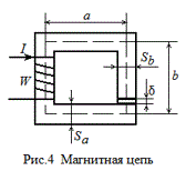 <b>Нелинейные электрические и магнитные цепи</b><br />Согласно предложенному варианту рассчитать число витков ω катушки, создающей магнитный поток в неоднородной магнитной цепи (рис. 4), и неизвестные параметры (таблица), если принять магнитную проницаемость воздуха равной магнитной проницаемости вакуума μ0 = 4 π ∙ 10-7 Гн/м. Площадь поперечного сечения воздушного зазора S0 принять равной площади поперечного сечения магнитопровода Sb . Кривые намагничивания материала магнитопровода изображены на рис. 5<br /> Вариант 2<br />a = 6 см  <br />b = 10 см  <br />δ = 0.2 мм  <br />Sa = 4 см<sup>2</sup>  <br />Sb = 6 см<sup>2</sup>  <br />I = 1 А  <br />Φ = 560 мкВб  <br />Материал магнитопровода: 1 